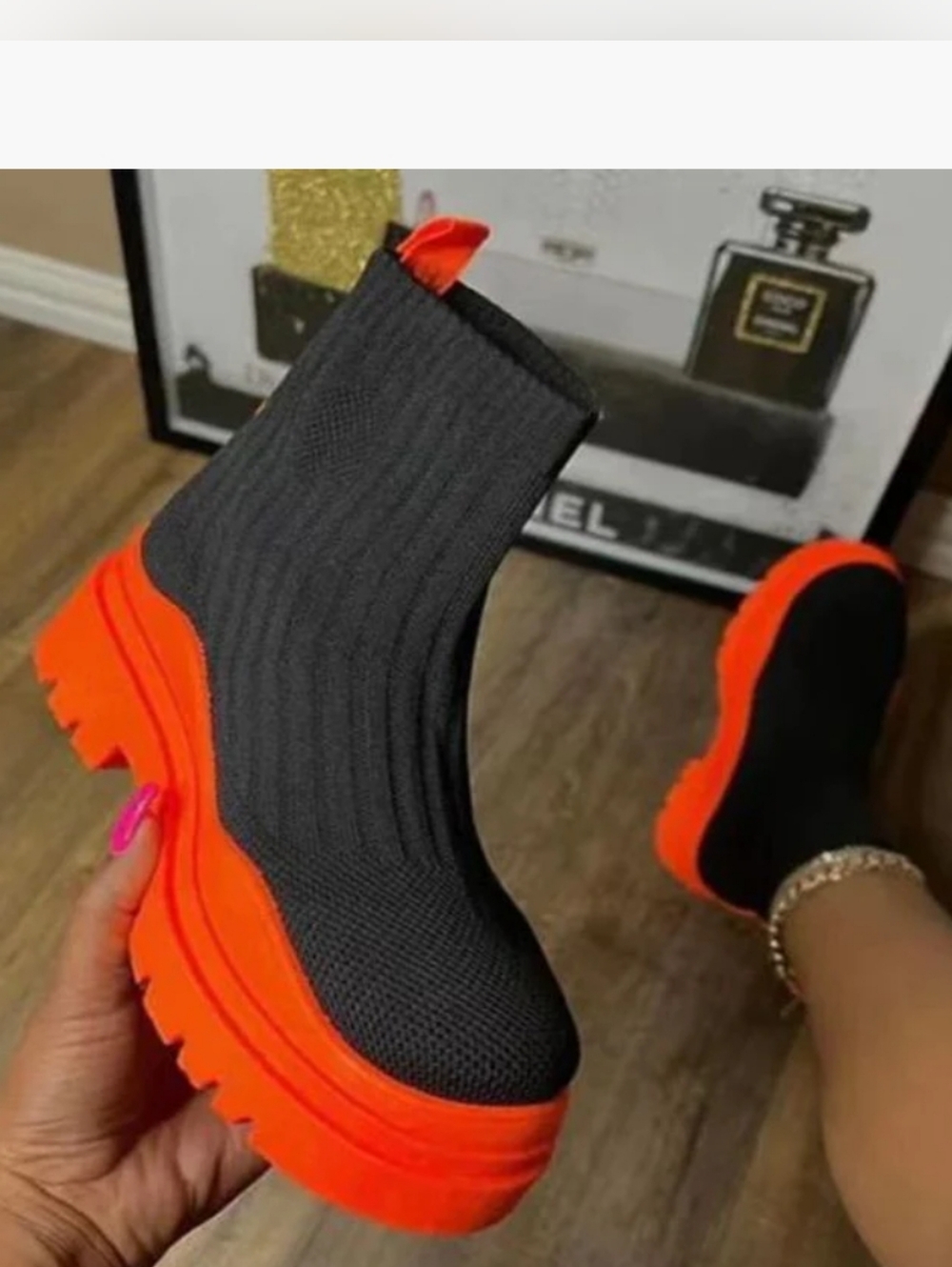Black & Orange Knit Platform Sock Booties - Women's Fashion Boots